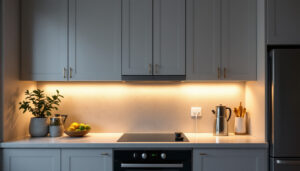 A photograph of a beautifully designed kitchen showcasing under cabinet plug-in lighting