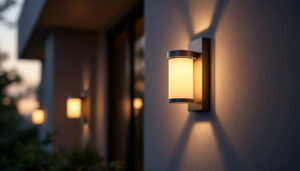 A photograph of a beautifully designed outdoor wall light fixture installed on a stylish exterior wall
