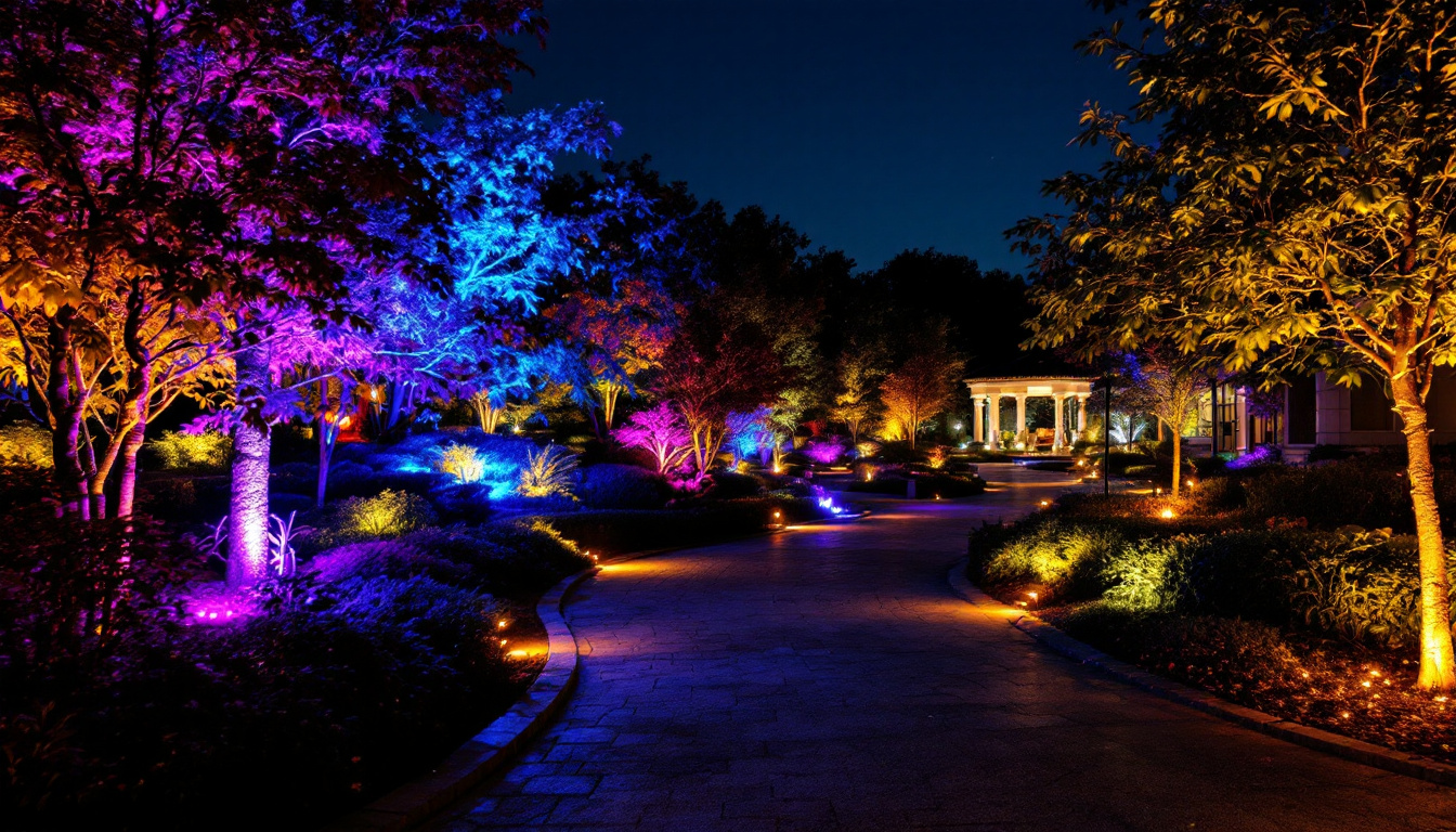 A photograph of a beautifully illuminated outdoor landscape featuring a variety of colored landscape lights highlighting trees