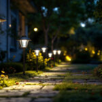 A photograph of a well-lit outdoor setting featuring various styles of affordable solar-powered lights in use