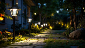 A photograph of a well-lit outdoor setting featuring various styles of affordable solar-powered lights in use