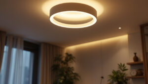 A photograph of a stylish round ceiling light fixture installed in a modern interior setting