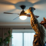 A photograph of a skilled lighting contractor installing an overhead fan light in a beautifully designed living space
