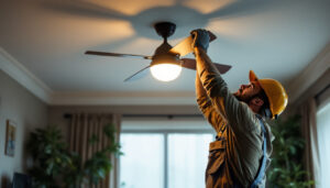 A photograph of a skilled lighting contractor installing an overhead fan light in a beautifully designed living space