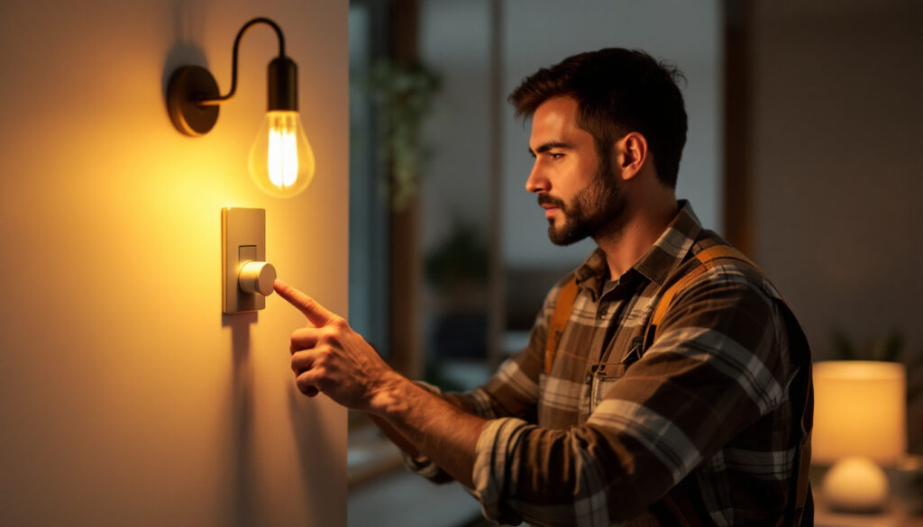 A photograph of a lighting contractor adjusting the dimmer switch on a stylish led light fixture in a modern home setting