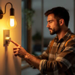 A photograph of a lighting contractor adjusting the dimmer switch on a stylish led light fixture in a modern home setting