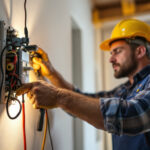 A photograph of a lighting contractor expertly demonstrating the installation of a three-way switch in a well-lit room
