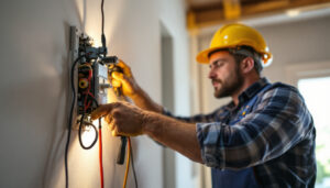 A photograph of a lighting contractor expertly demonstrating the installation of a three-way switch in a well-lit room