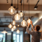 A photograph of a beautifully designed space featuring long hanging lights