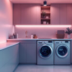 A photograph of a modern laundry room featuring a stylish dryer with a clearly visible outlet