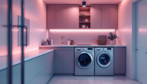 A photograph of a modern laundry room featuring a stylish dryer with a clearly visible outlet