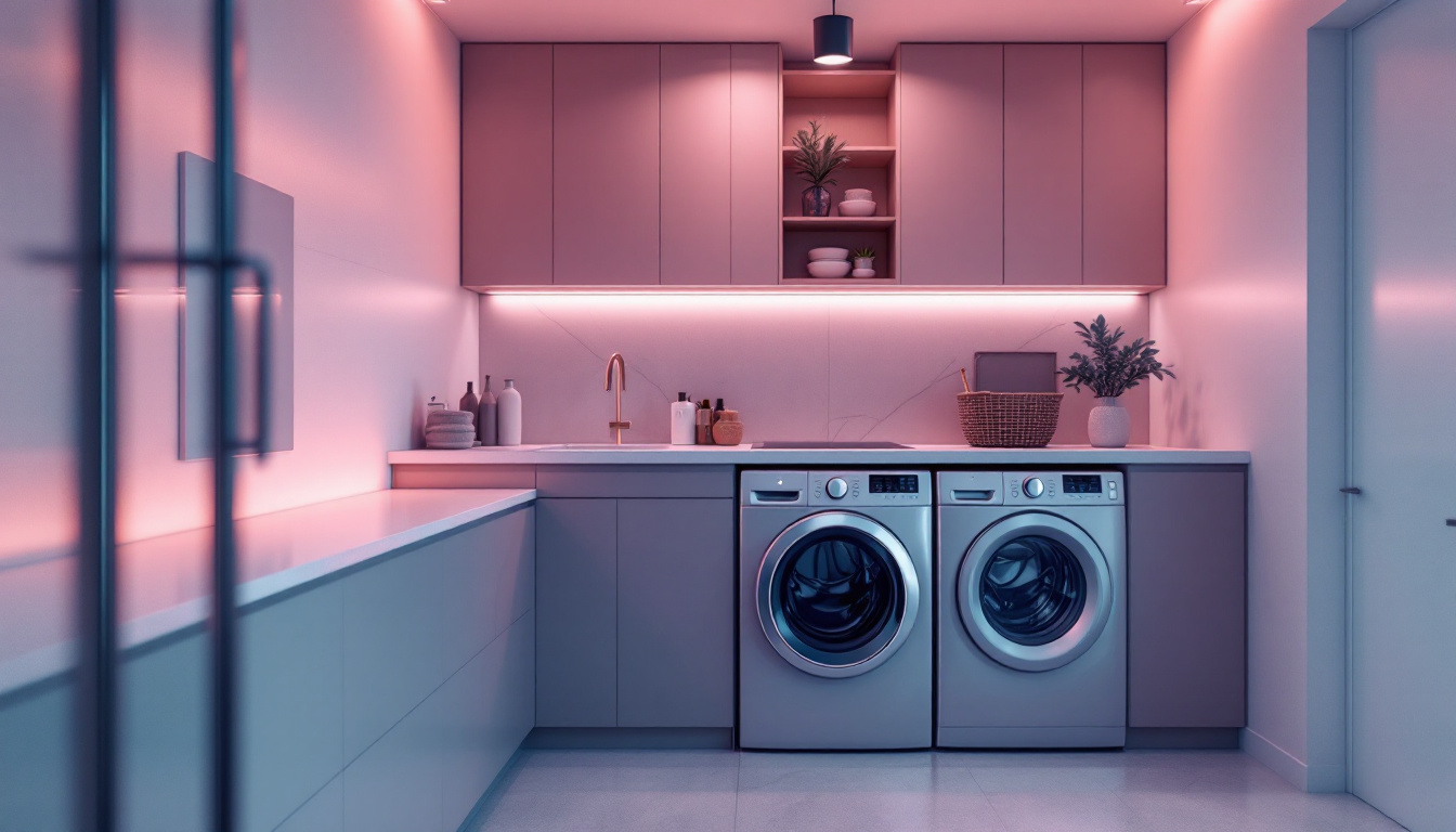 A photograph of a modern laundry room featuring a stylish dryer with a clearly visible outlet