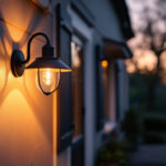 A photograph of a beautifully illuminated exterior porch light in a cozy