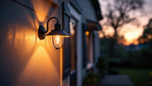 A photograph of a beautifully illuminated exterior porch light in a cozy