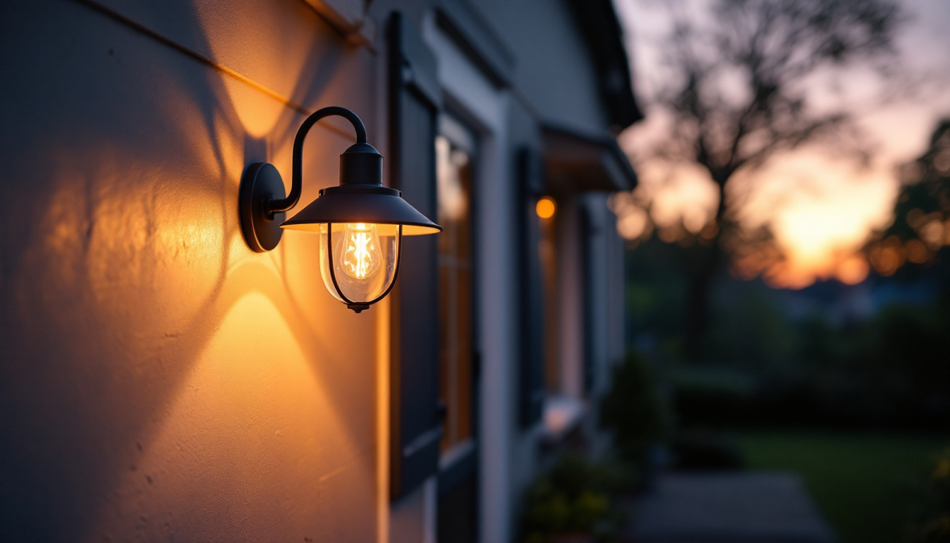 A photograph of a beautifully illuminated exterior porch light in a cozy