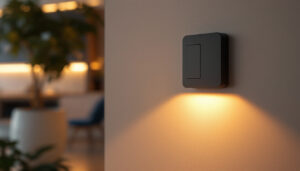A photograph of a modern light switch and outlet installation in a stylish home setting