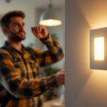 A photograph of a lighting contractor installing a dimmable led switch in a modern home setting