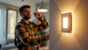 A photograph of a lighting contractor installing a dimmable led switch in a modern home setting