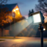 A photograph of a well-lit outdoor scene featuring a security flood light in action