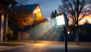 A photograph of a well-lit outdoor scene featuring a security flood light in action