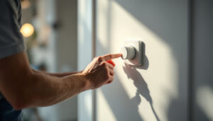 A photograph of a skilled lighting contractor expertly installing a high-quality dimmer switch in a beautifully lit room