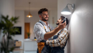 A photograph of a skilled lighting contractor expertly replacing traditional canned lights with sleek