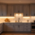 A photograph of a beautifully designed kitchen or cabinetry space featuring various types of cabinet lighting