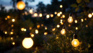 A photograph of a beautifully illuminated outdoor space featuring various styles of solar light bulbs in use