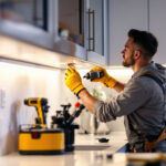 A photograph of a skilled lighting contractor installing sleek under cabinet lights in a modern kitchen