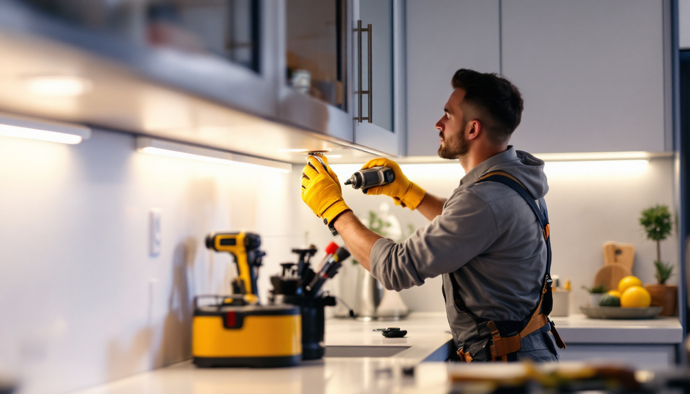 A photograph of a skilled lighting contractor installing sleek under cabinet lights in a modern kitchen