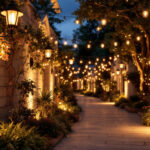 A photograph of a beautifully illuminated outdoor space featuring various styles of mounted lights