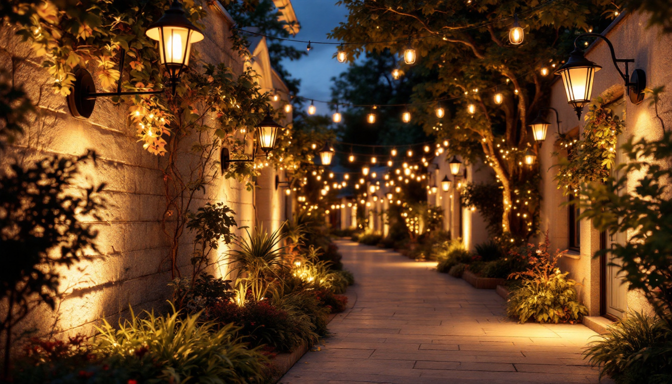A photograph of a beautifully illuminated outdoor space featuring various styles of mounted lights