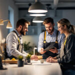 A photograph of a lighting contractor interacting with a client in a well-lit space