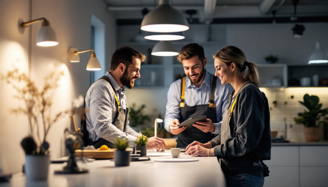 A photograph of a lighting contractor interacting with a client in a well-lit space