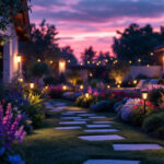 A photograph of a beautifully lit garden at dusk