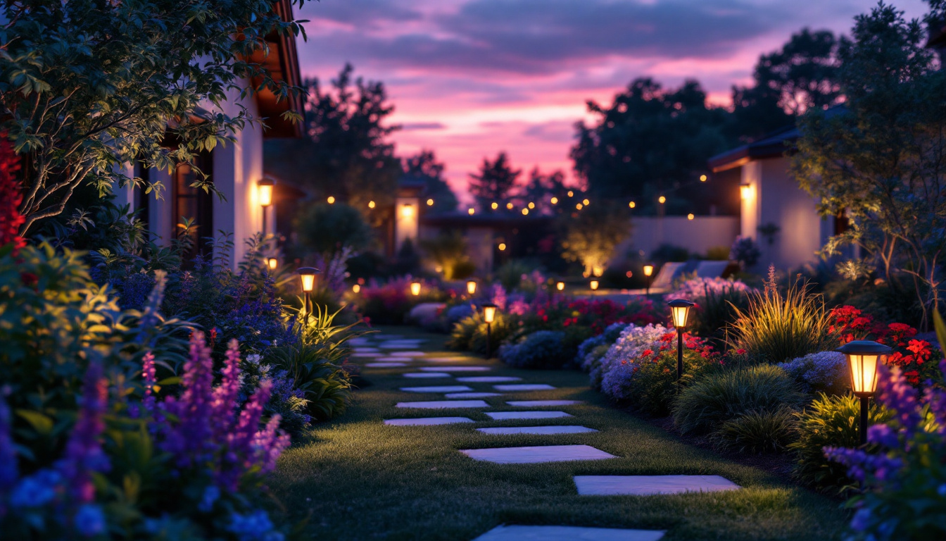 A photograph of a beautifully lit garden at dusk