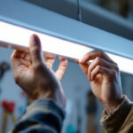 A photograph of a close-up shot of a person carefully installing a fluorescent tube light bulb in a fixture