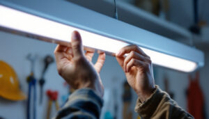 A photograph of a close-up shot of a person carefully installing a fluorescent tube light bulb in a fixture