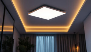 A photograph of a modern ceiling light panel installed in a stylish room