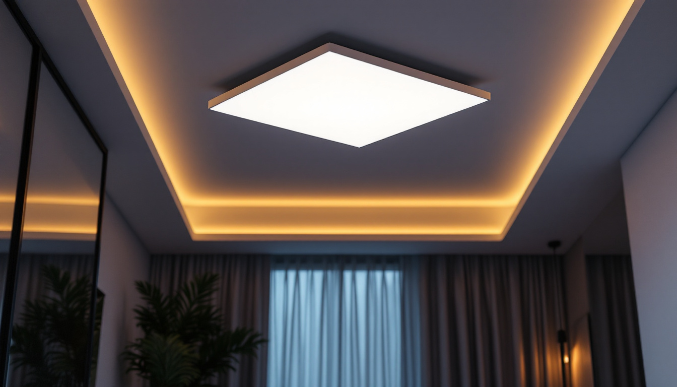 A photograph of a modern ceiling light panel installed in a stylish room