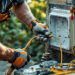 A photograph of a skilled lighting contractor installing a weatherproof electrical box cover outdoors