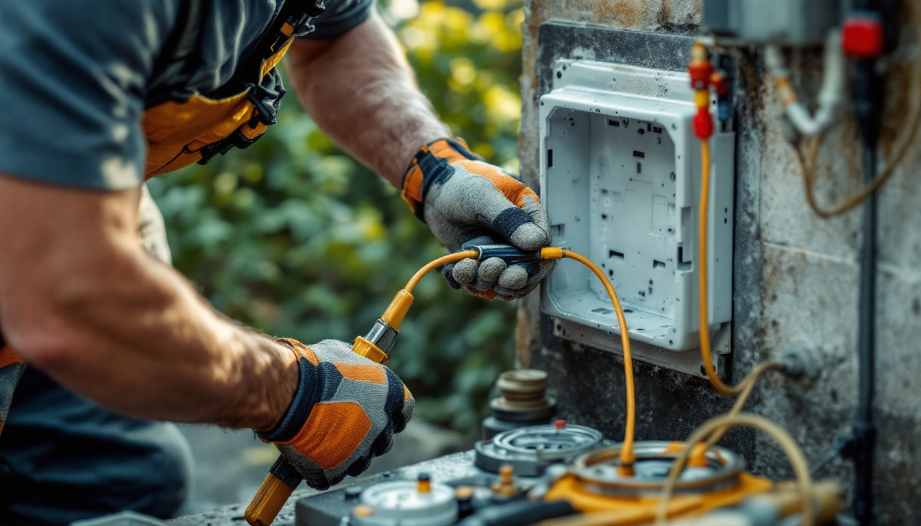 A photograph of a skilled lighting contractor installing a weatherproof electrical box cover outdoors