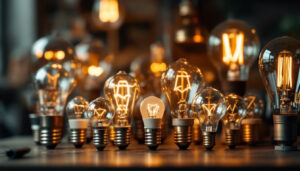A photograph of a variety of standard light bulb base types displayed together