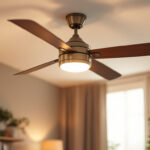 A photograph of a beautifully designed ceiling fan with stylish replacement lights installed