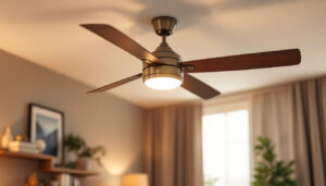 A photograph of a beautifully designed ceiling fan with stylish replacement lights installed