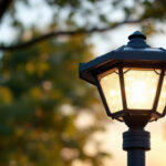 A photograph of a solar lamp installed on a lamp post in an outdoor setting