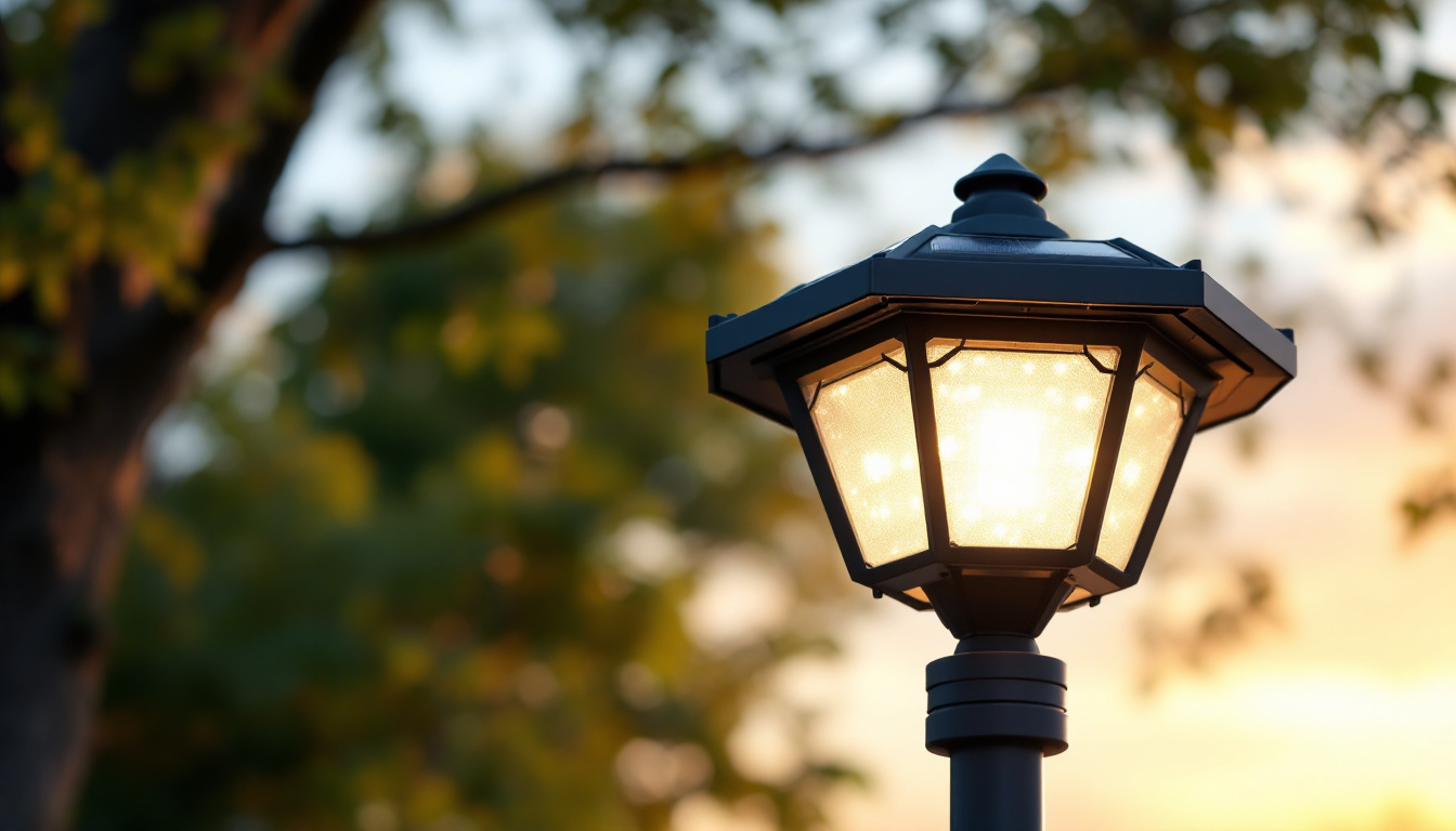 A photograph of a solar lamp installed on a lamp post in an outdoor setting