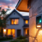 A photograph of a lighting contractor installing a motion outdoor light in a residential setting during dusk