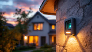 A photograph of a lighting contractor installing a motion outdoor light in a residential setting during dusk