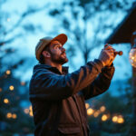 A photograph of a skilled lighting contractor at work